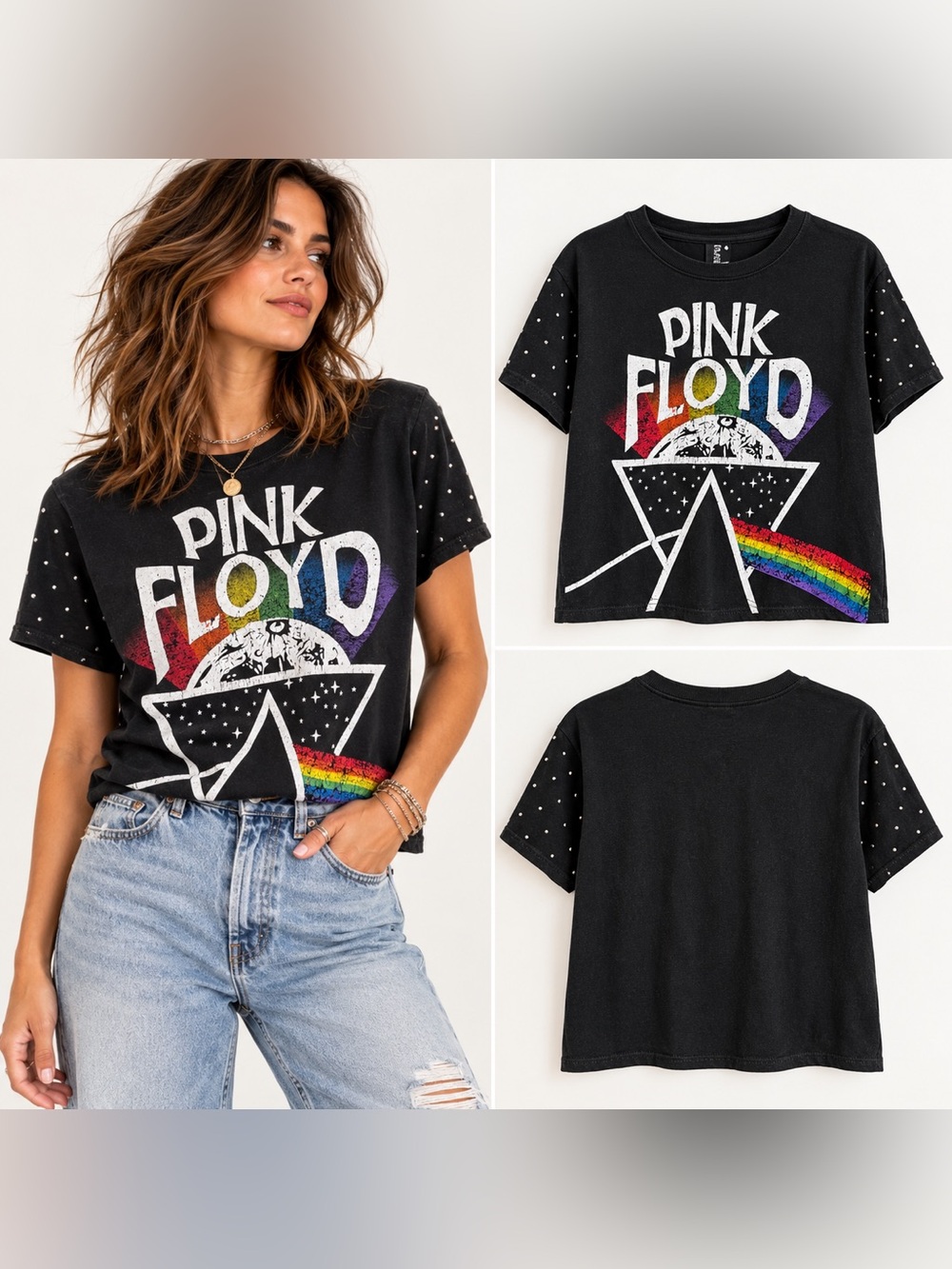 Pink Floyd Dark Side of the Moon Studded Graphic Tee Small Black